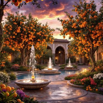 The primary subject of the image is a beautiful garden with a fountain, surrounded by orange trees. The setting is a courtyard with a pool, and the visual style is a digital art. The colors and mood of the image are warm and inviting, with the vibrant orange hues of the trees and the fountain adding a sense of tranquility and relaxation.